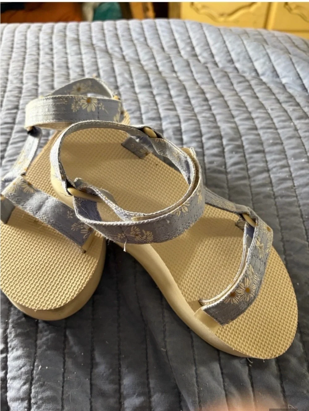 Skechers Beige Footbed Wedge Sandals with Light Blue Floral Straps